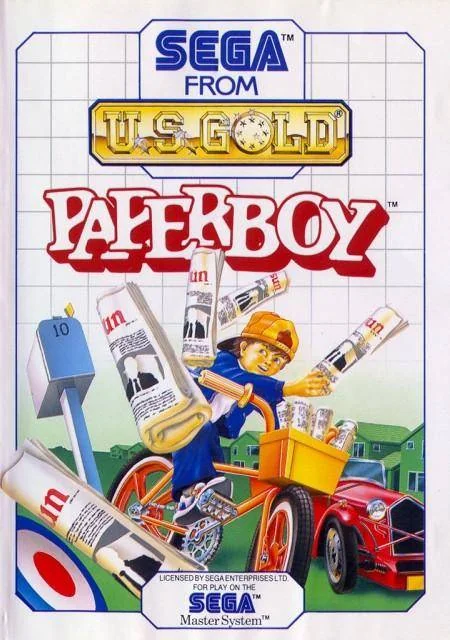 Portada europea de Paperboy per a Sega Master System, amb el repartidor esquivant diaris i un cotxe.