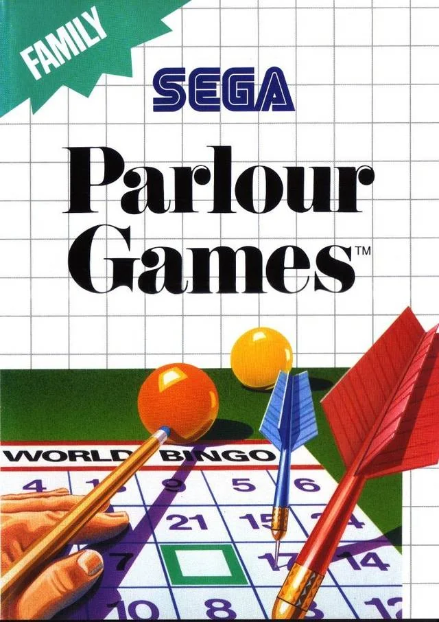 Portada europea de Parlour Games amb un cartró de bingo, boles de billar i dards.