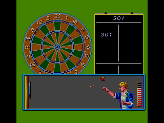Pantalla de dards amb la diana, el llançador i el marcador de 301 punts.