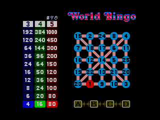 Pantalla de World Bingo amb cartró numerat, extracció i taula de premis.