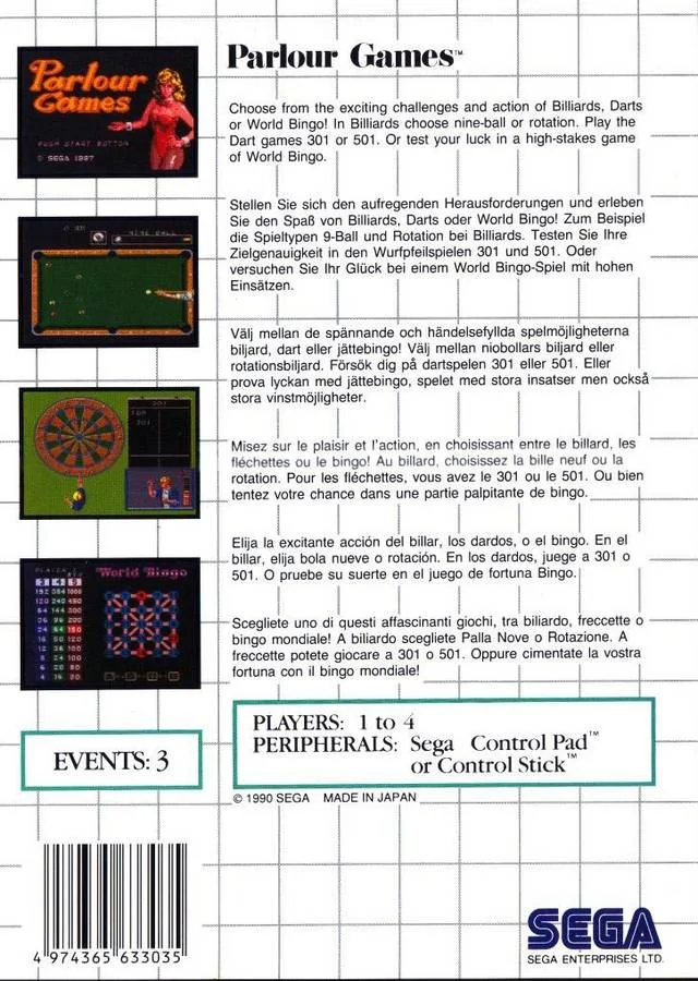 Contraportada europea de Parlour Games amb captures i descripcions en sis idiomes.