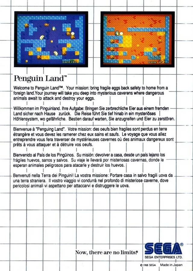 Contraportada europea de Penguin Land amb dues captures i textos en cinc idiomes.