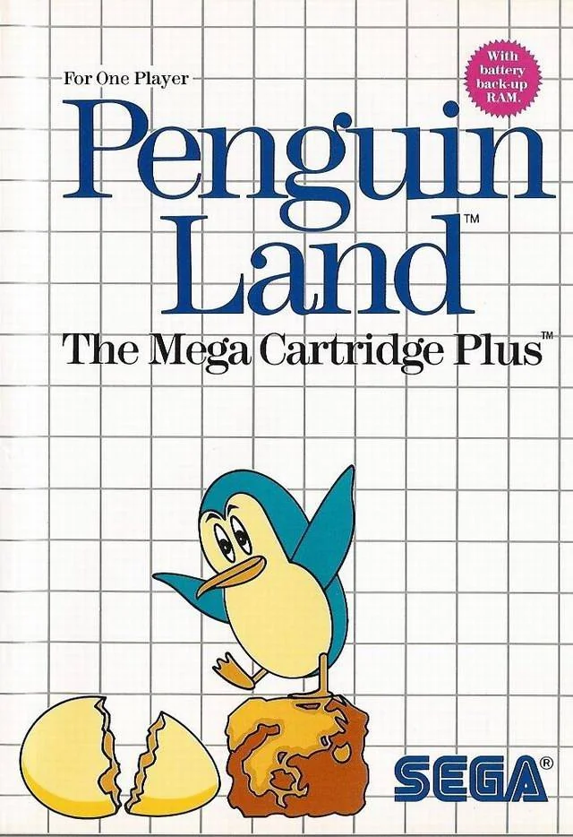 Portada europea de Penguin Land amb un pingüí sobre una roca i un ou trencat.