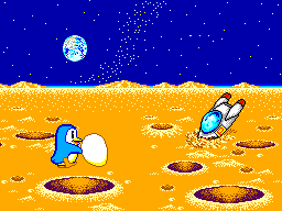 Escena de presentació amb dos pingüins, un ou i una nau sota un cel estrellat.