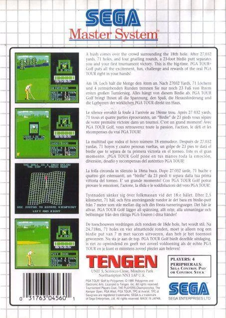 Contraportada europea de PGA Tour Golf per a Sega Master System, amb quatre captures i text multilingüe.