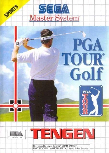 Portada frontal europea de PGA Tour Golf per a Sega Master System, amb un golfista vist d’esquena.