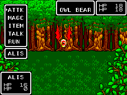 Combat contra un Owl Bear amb el menú d’ordres i els punts de vida del grup visibles.