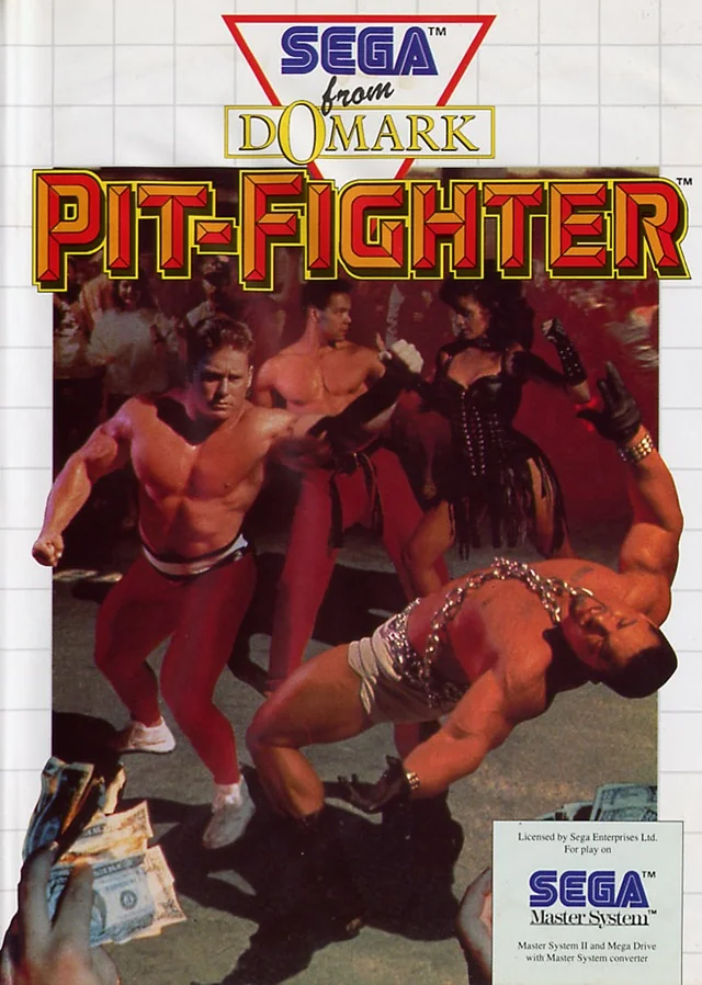 Portada europea de Pit-Fighter per a Sega Master System, amb una escena fotogràfica de combat.