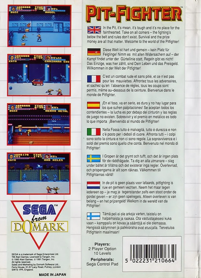 Contraportada europea de Pit-Fighter per a Sega Master System, amb quatre captures i text multilingüe.