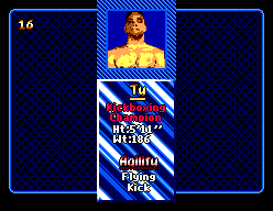 Ty a la pantalla de selecció, amb retrat, disciplina de kick-boxing i atributs.