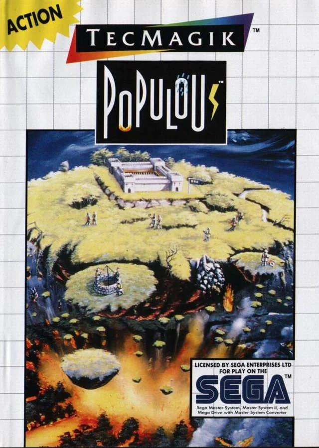 Portada europea de Populous per a Sega Master System, amb una illa habitada suspesa sobre un paisatge volcànic.