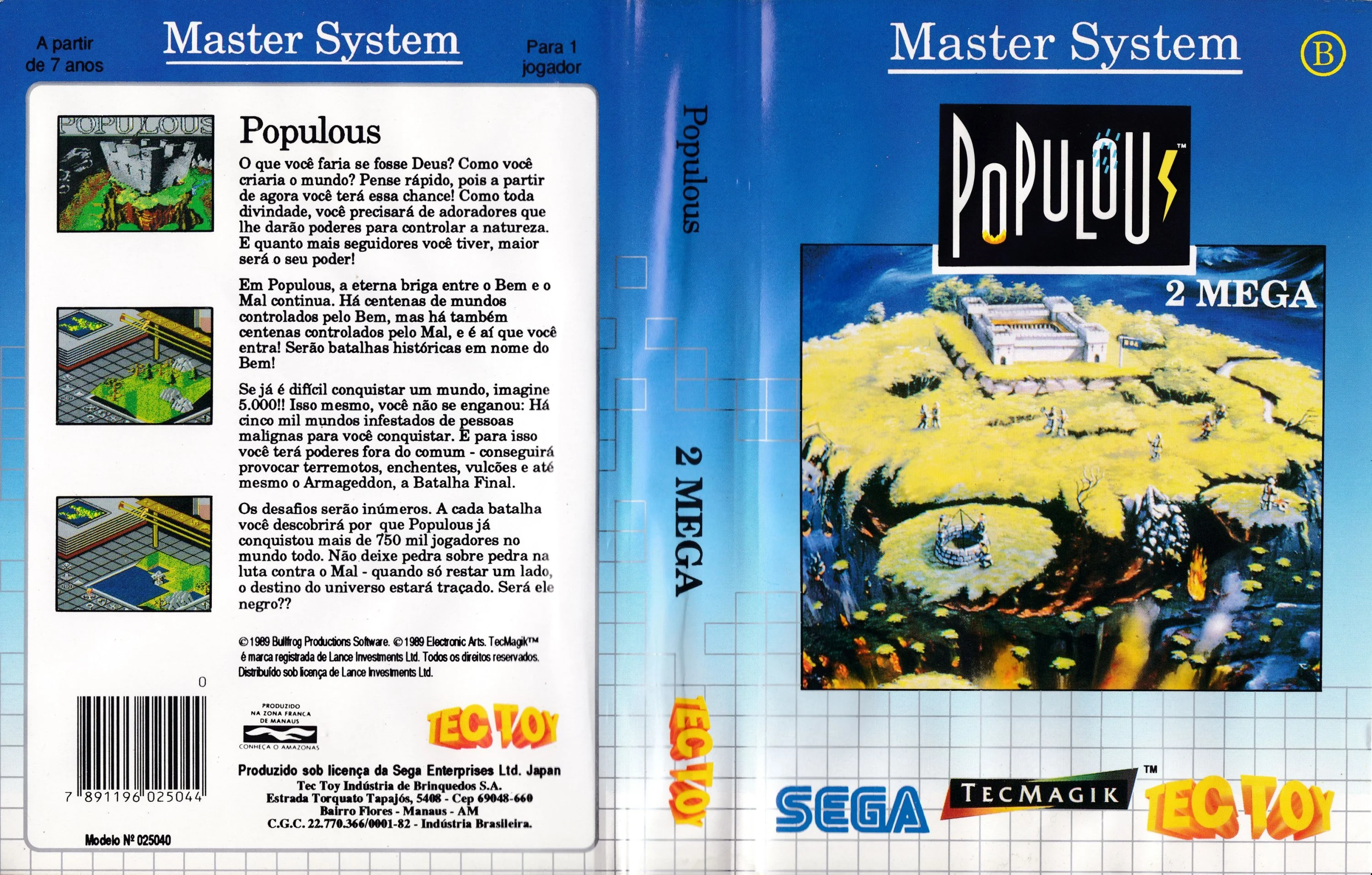 Caràtula brasilera desplegada de Populous per a Master System, amb portada, llom i contracoberta en portuguès.