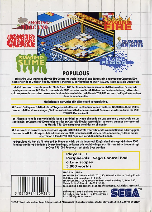 Contracoberta europea de Populous per a Sega Master System, amb text multilingüe i una captura del joc.