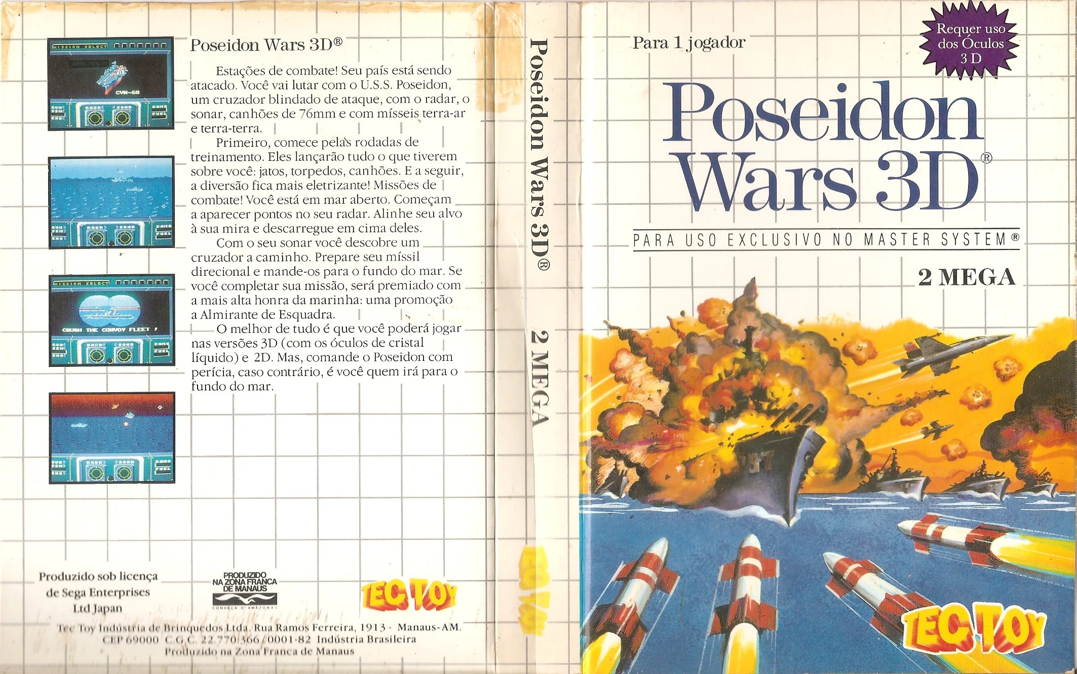 Caràtula brasilera desplegada de Poseidon Wars 3D amb portada, llom, contraportada en portuguès i marca Tectoy.