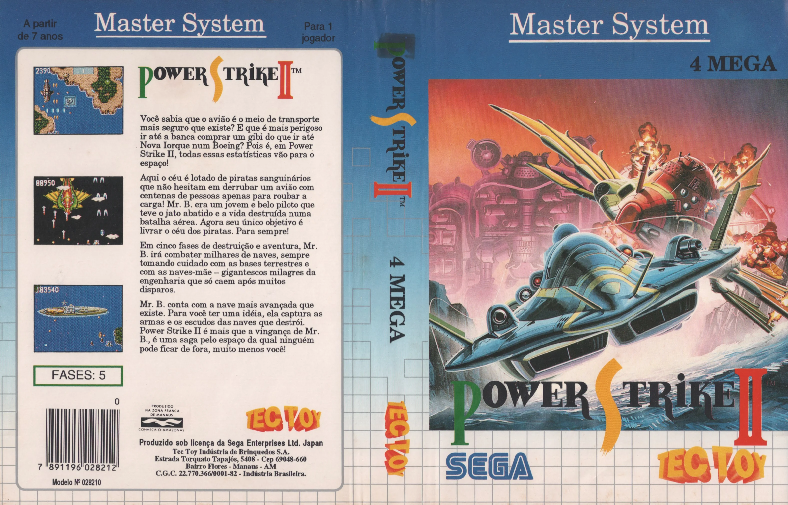 Caràtula brasilera desplegada de Power Strike II, amb textos en portuguès, captures i marques de Sega i Tec Toy.