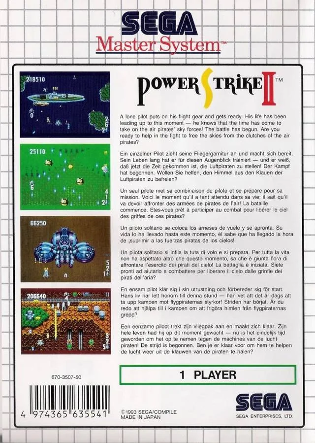 Contraportada europea de Power Strike II per a Sega Master System, amb text multilingüe i quatre captures del joc.