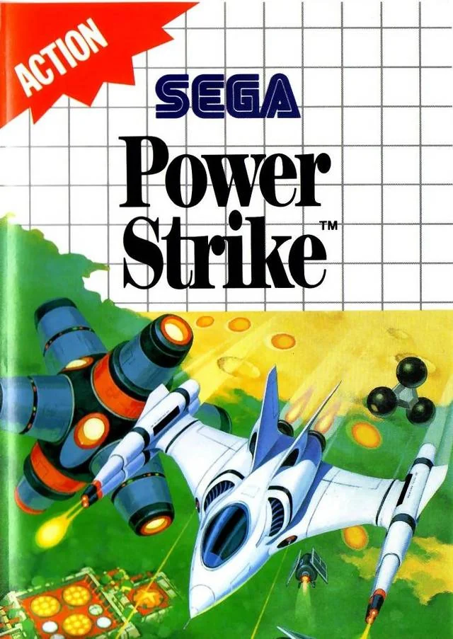 Portada europea de Power Strike per a Sega Master System amb una nau blanca sobre un paisatge verd.