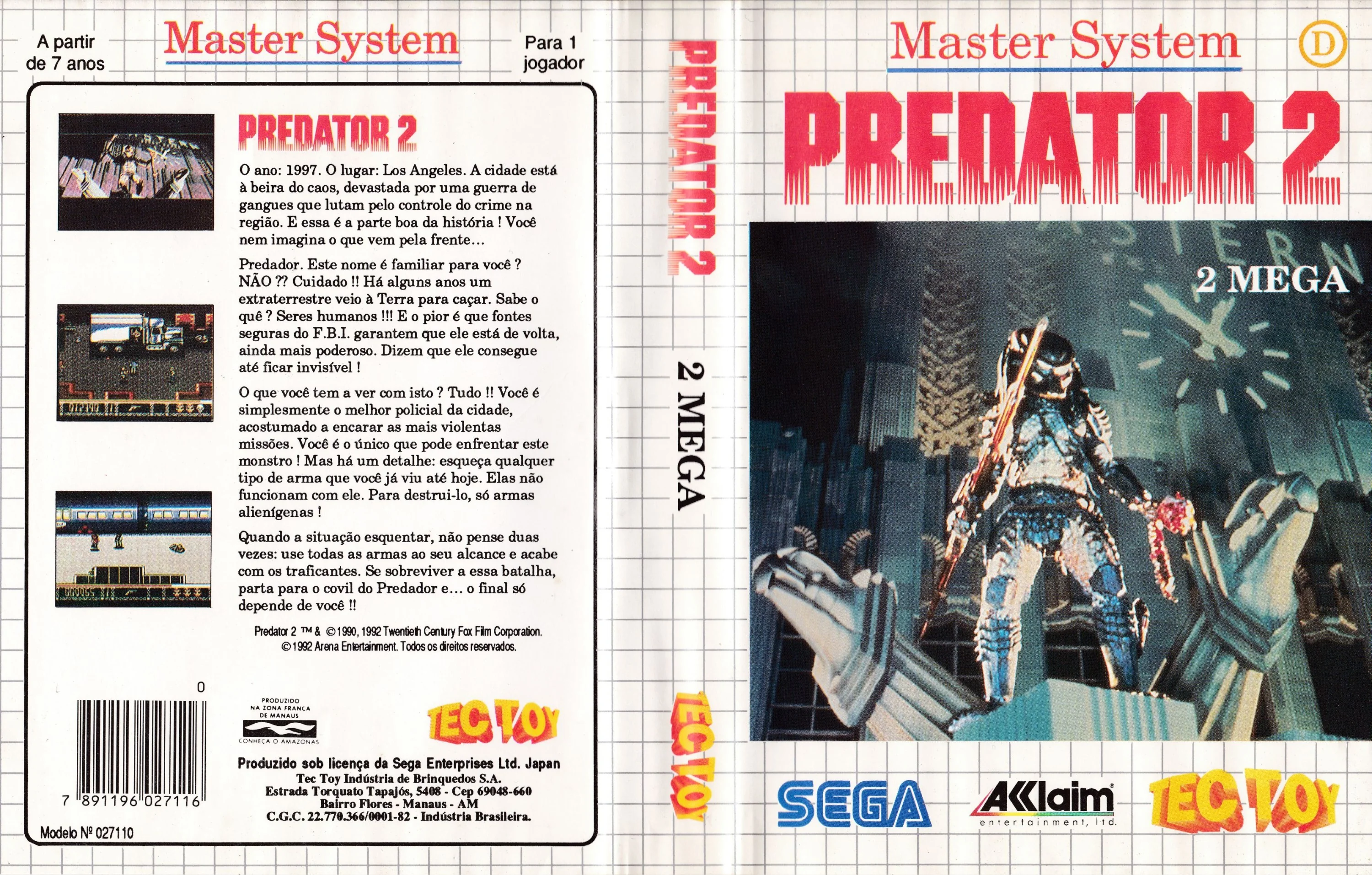 Caràtula brasilera desplegada de Predator 2 amb portada, llom, contraportada en portuguès i marques de Tec Toy.