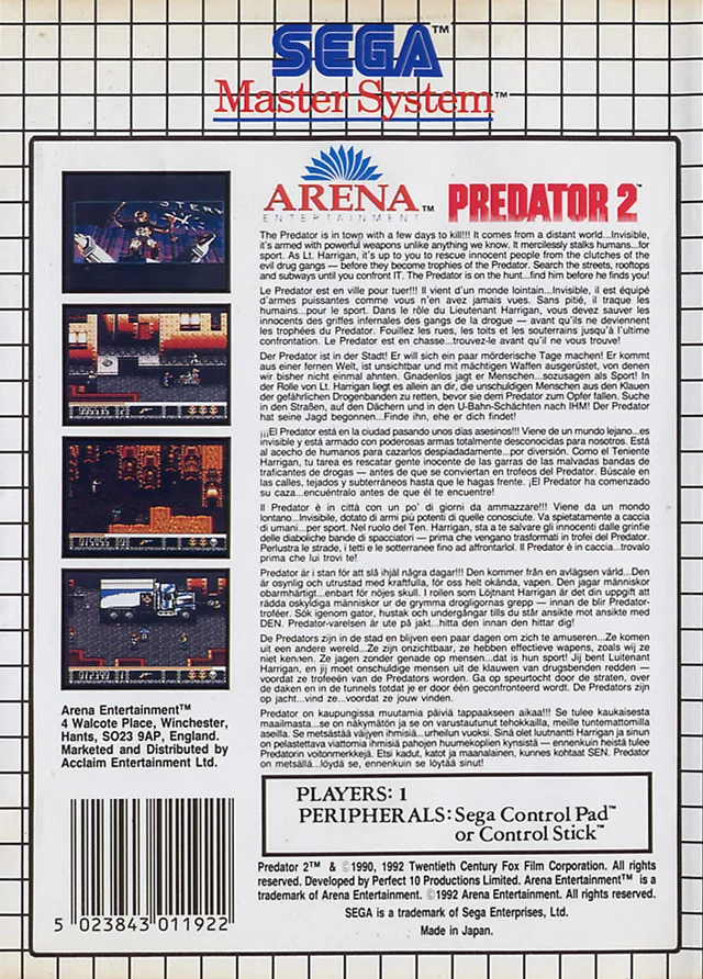 Contraportada europea de Predator 2 per a Sega Master System, amb textos multilingües i captures del joc.