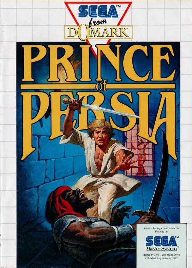 Portada europea de Prince of Persia per a Sega Master System, amb el protagonista alçant una espasa.