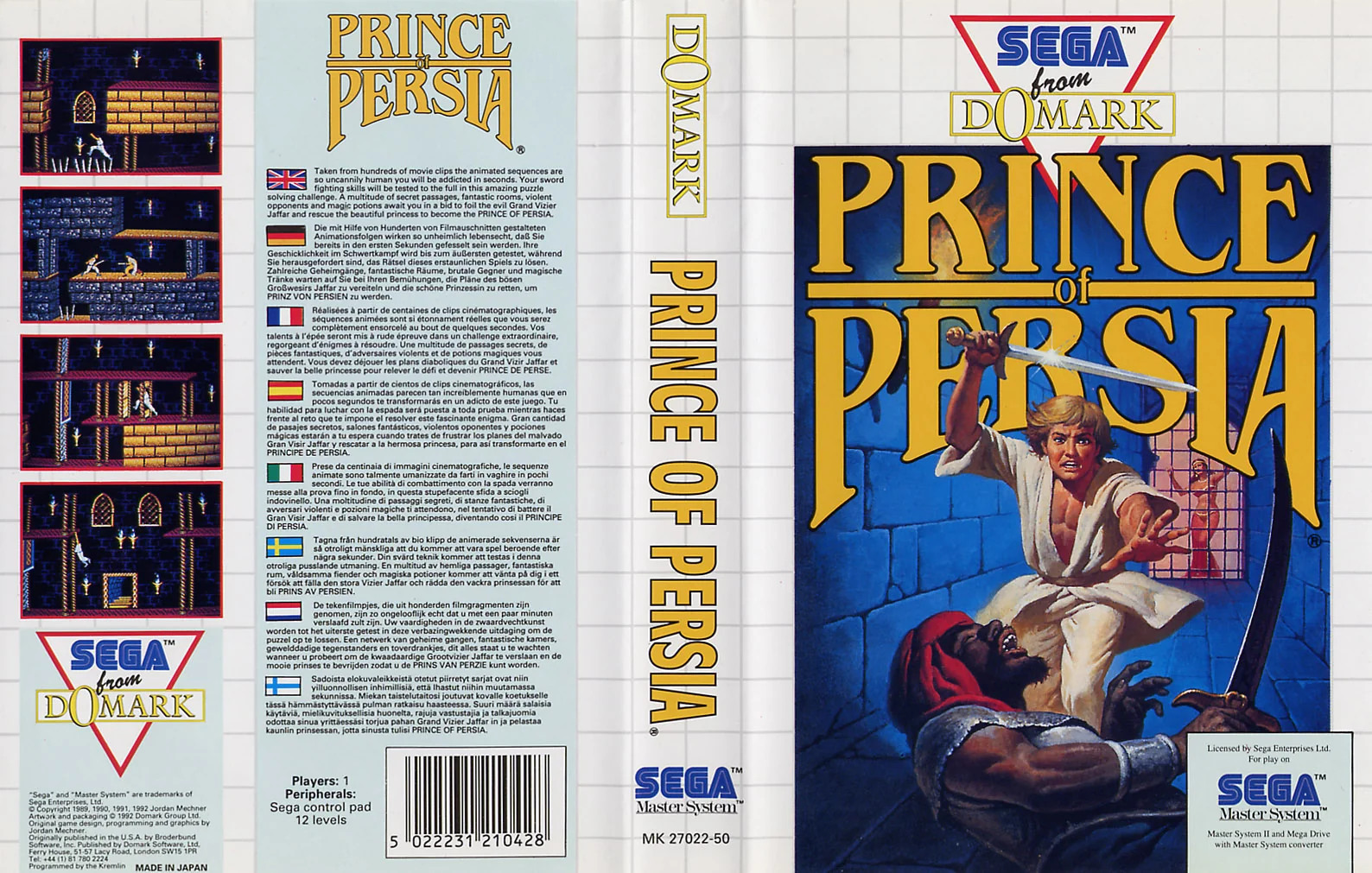 Caràtula europea desplegada de Prince of Persia amb portada, llom i contraportada multilingüe.