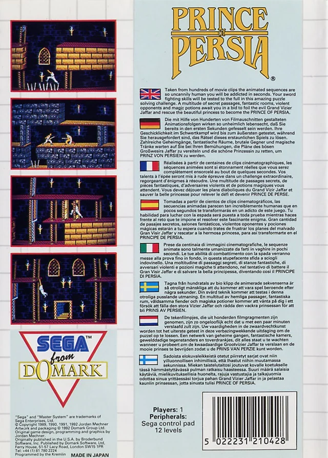 Contraportada europea de Prince of Persia per a Sega Master System, amb quatre captures i textos multilingües.