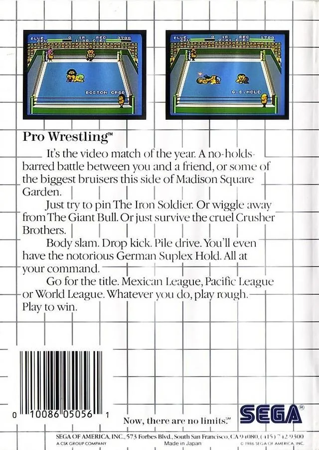 Contraportada nord-americana de Pro Wrestling amb dues captures de combats al ring i text promocional en anglès.