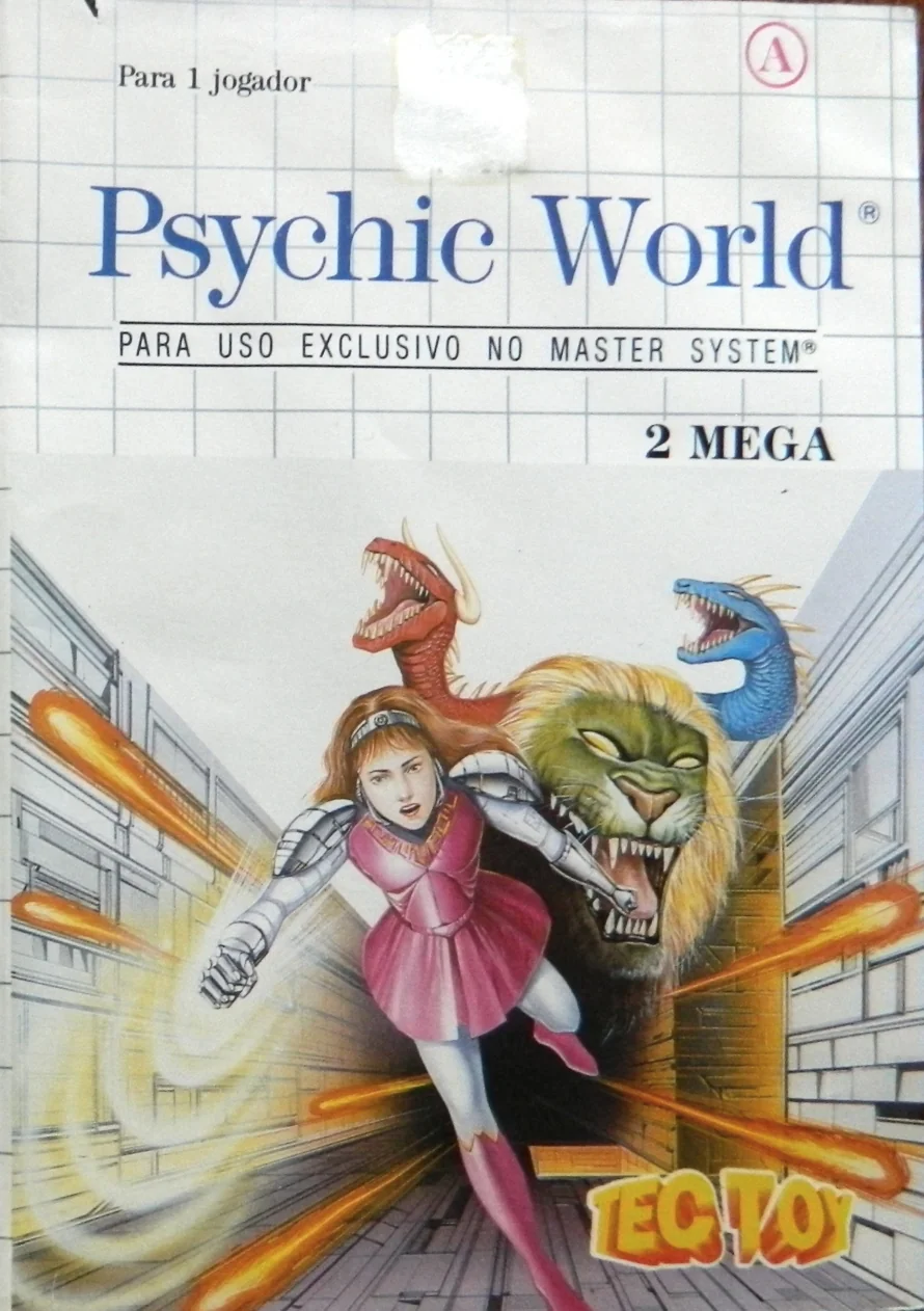 Portada brasilera de Psychic World amb text en portuguès, indicació de 2 MEGA i logotip de Tec Toy.