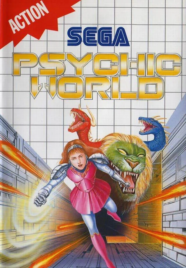 Portada europea de Psychic World per a Sega Master System, amb Lucia corrent entre criatures fantàstiques.