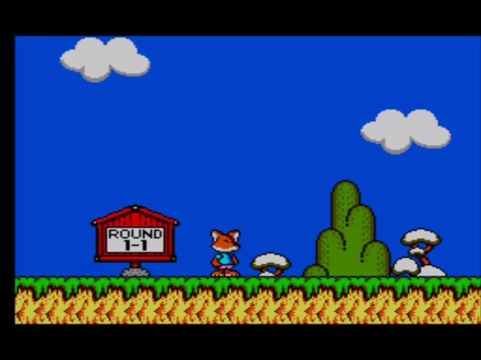 Psycho Fox al començament de la ronda 1-1, entre bolets, cactus i un enemic.