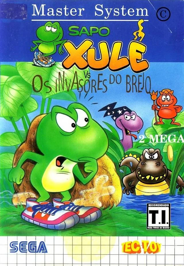 Portada brasilera de Sapo Xulé Vs Os Invasores do Brejo amb la granota protagonista i el nou repartiment.