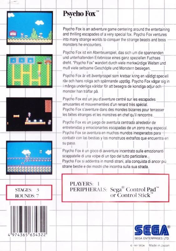 Contraportada europea de Psycho Fox amb quatre captures i descripcions multilingües.