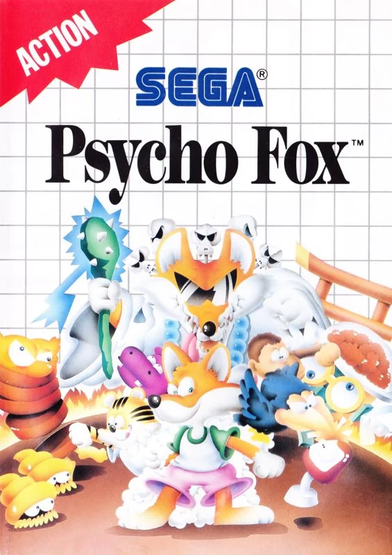 Portada europea de Psycho Fox per a Master System, amb una il·lustració coral de criatures.