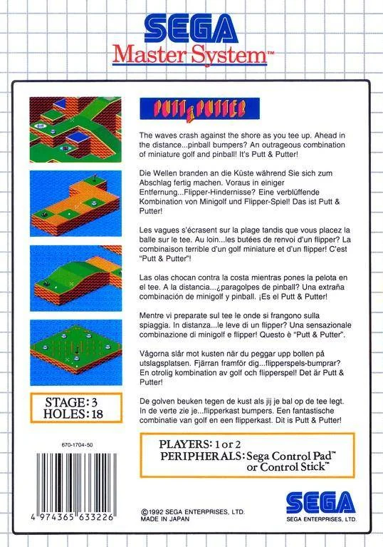 Contraportada europea de Putt & Putter amb quatre captures i descripcions multilingües.