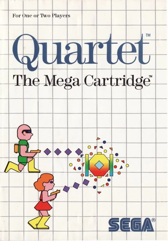 Portada europea de Quartet per a Sega Master System, amb dos personatges il·lustrats sobre la quadrícula blanca de Sega.
