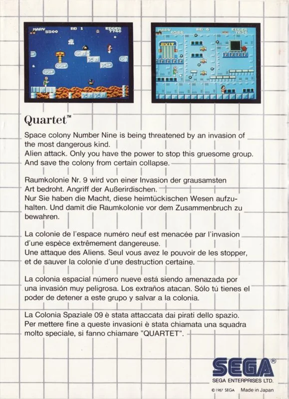 Contraportada europea de Quartet per a Sega Master System, amb dues captures i una sinopsi en cinc idiomes.