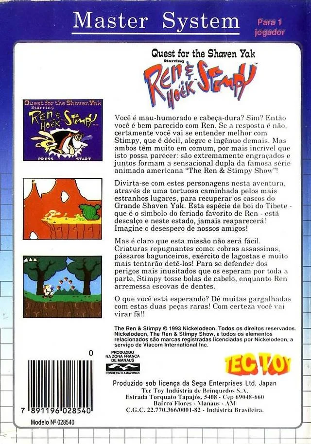 Contraportada brasilera del joc, amb text en portuguès, tres captures i les marques de Sega i Tec Toy.