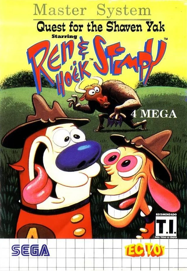 Portada brasilera de Quest for the Shaven Yak, amb Ren i Stimpy en primer pla i el Gran Iac al fons.