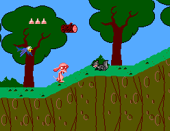 Ren corre per un pendent boscós mentre Stimpy és enlairat prop d’un arbre i diversos animals ocupen el terreny.