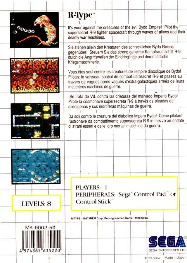 Contraportada europea de R-Type per a Sega Master System amb textos multilingües i quatre captures.