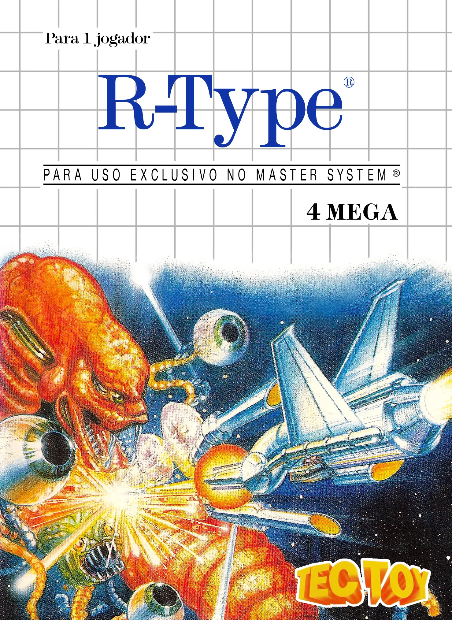 Portada brasilera de R-Type amb textos en portuguès, indicació de 4 MEGA i logotip de Tec Toy.