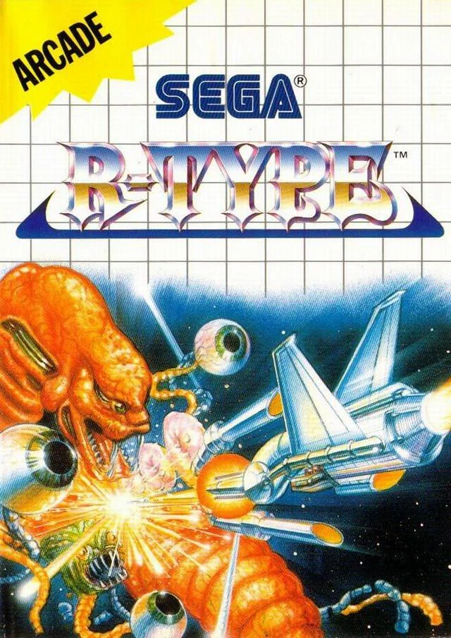Portada europea de R-Type per a Sega Master System amb l’R-9 davant d’una criatura alienígena.