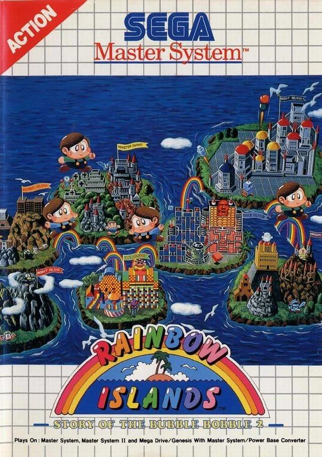 Portada europea de Rainbow Islands: Story of the Bubble Bobble 2 per a Sega Master System, amb un arxipèlag unit per arcs de Sant Martí.
