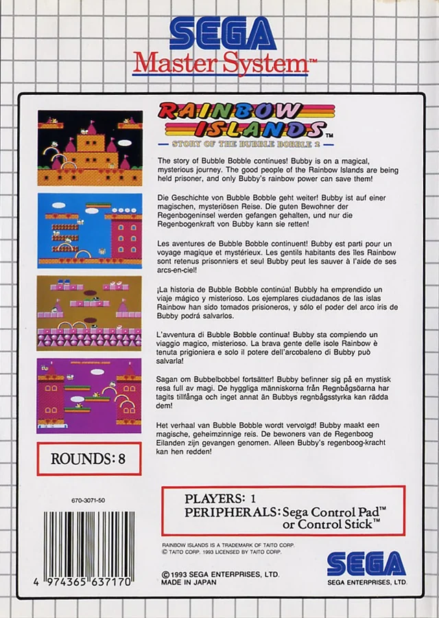 Contraportada europea de Rainbow Islands per a Sega Master System, amb text multilingüe i quatre captures de pantalla.