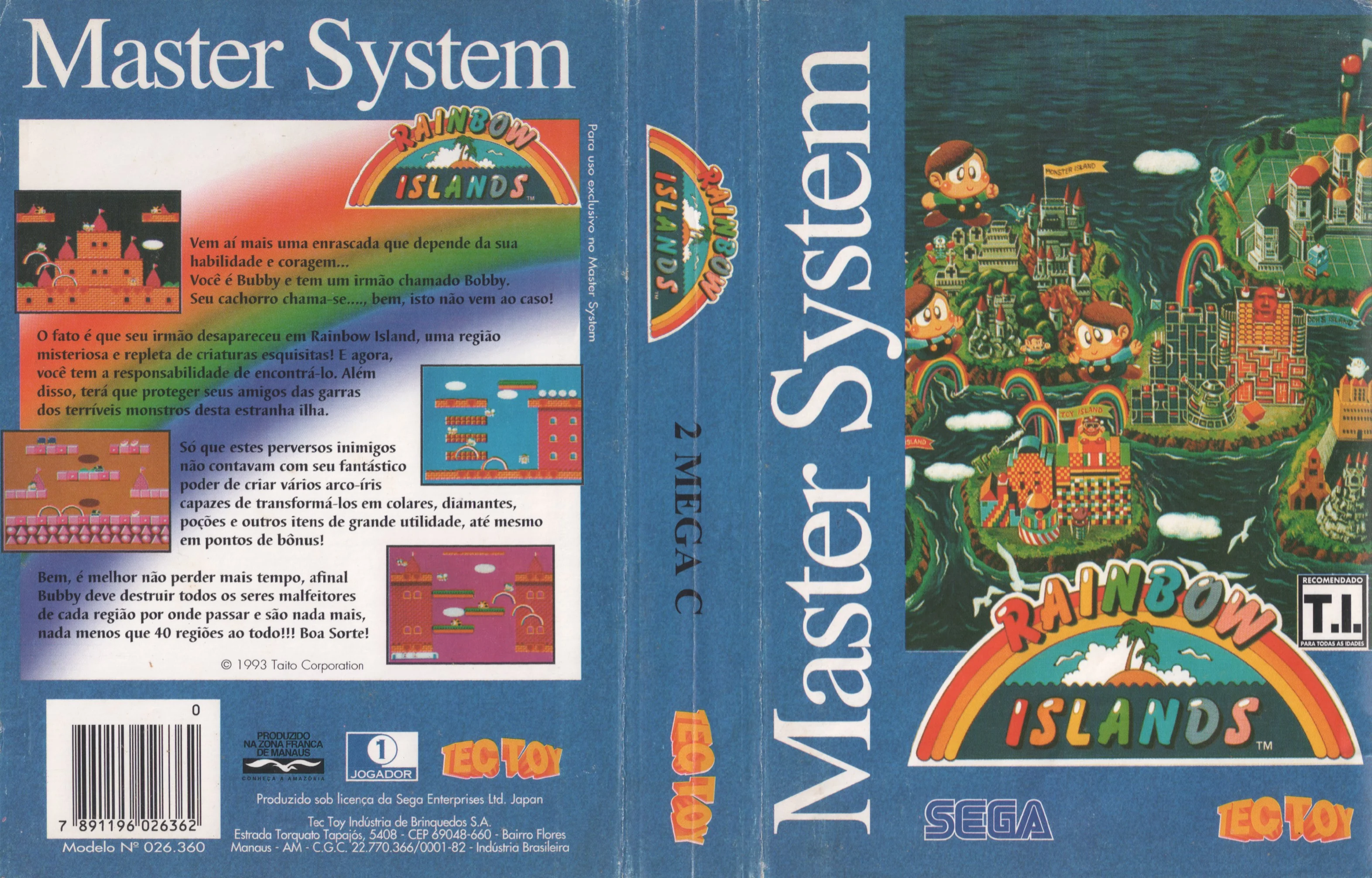 Caràtula brasilera desplegada de Rainbow Islands, amb portada de Tec Toy, llom blau i contraportada en portuguès.