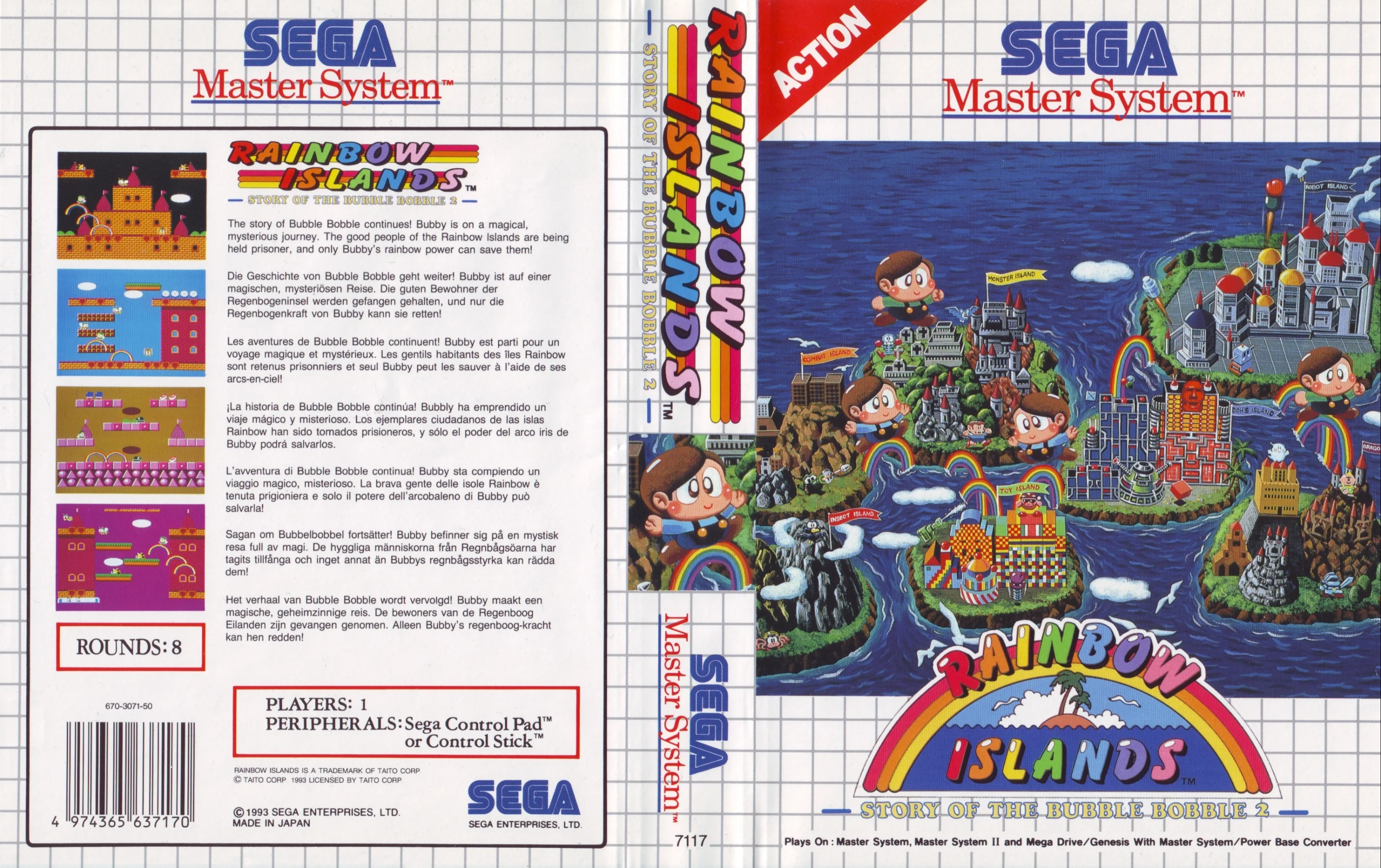 Caràtula europea desplegada amb portada, llom i contraportada multilingüe de Sega Master System.