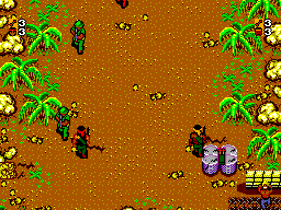 Captura de l’edició europea Secret Command amb dos combatents avançant per un camí tropical ocupat per soldats enemics.