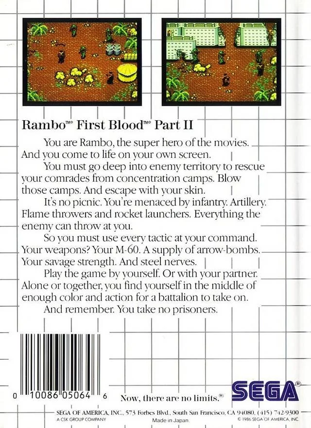Contraportada nord-americana de Rambo: First Blood Part II per a Sega Master System, amb text, captures i codi de barres.