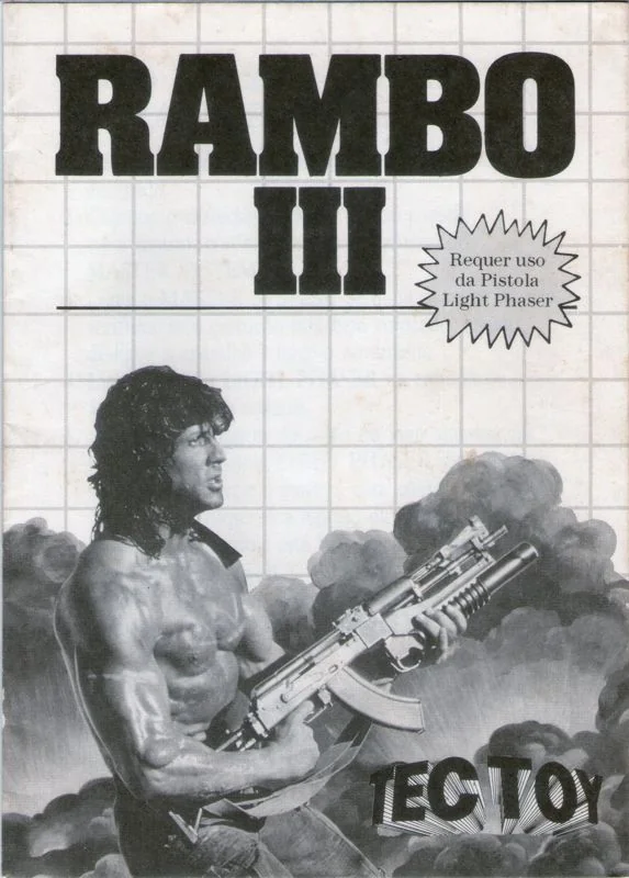 Portada en blanc i negre del manual brasiler de Rambo III, amb Rambo, el logotip de Tec Toy i l’avís de la Light Phaser.