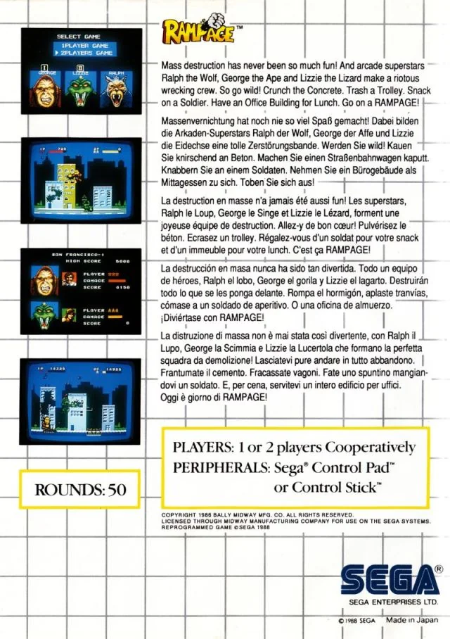 Contraportada europea de Rampage per a Sega Master System amb textos en cinc idiomes i quatre captures.